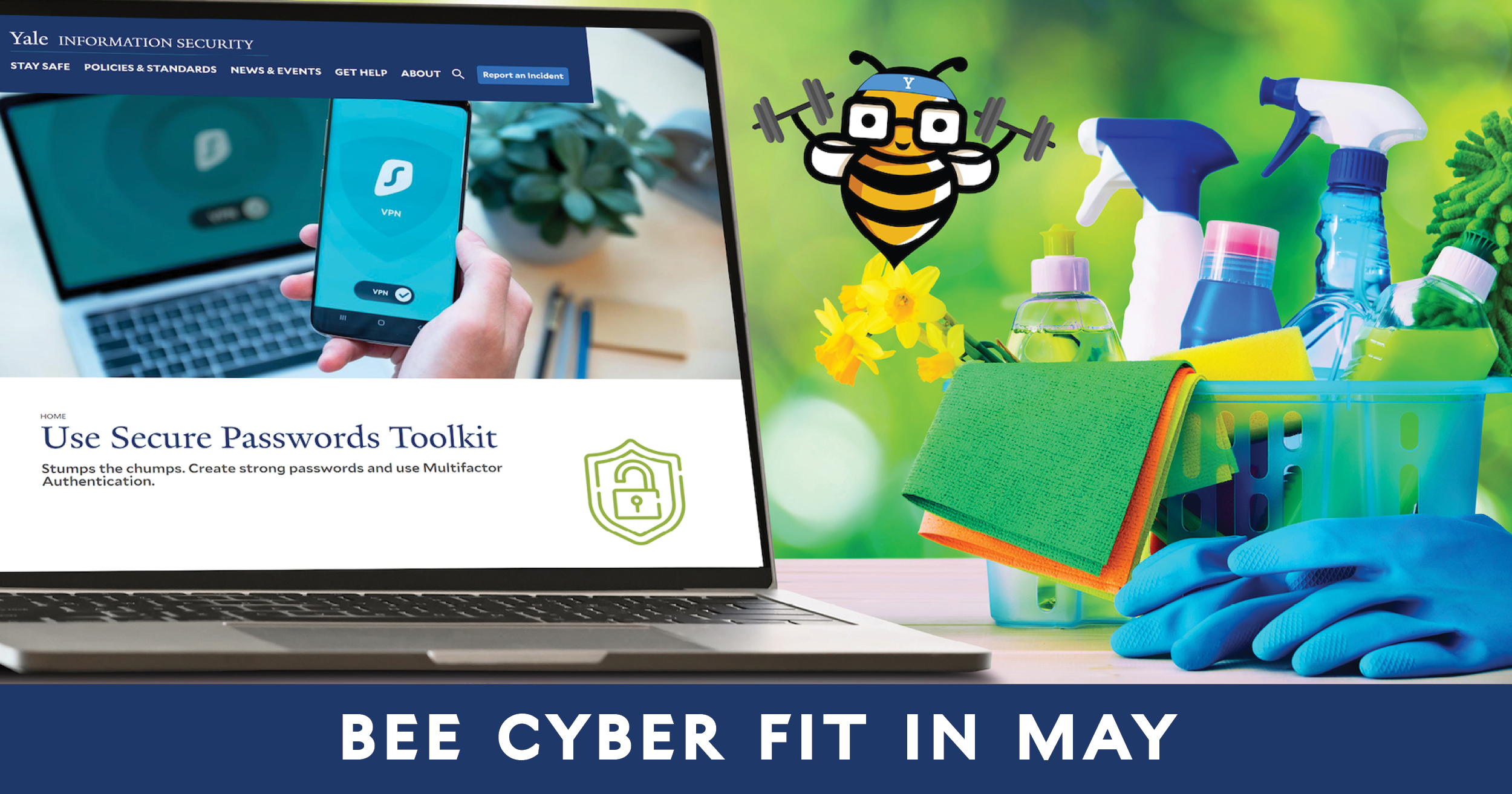 Bee Cyber Fit in May: Laoptop next to house cleaning supplies